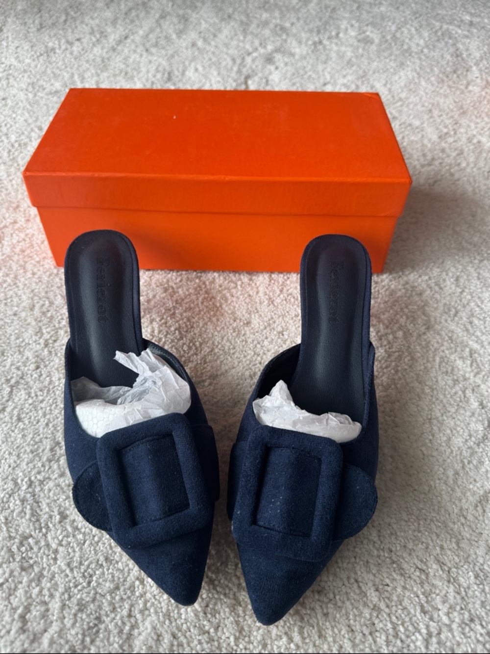 Fericzot Navy Pointed Toe Slip-On Mules with Decorative Buckle